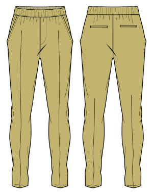 Mens Tailored Chino Pants tasarım düz çizim vektör çizimi, dar pantolon konsepti önden ve arkadan görüşlü, takım elbiseler için örülmüş haki pantolon