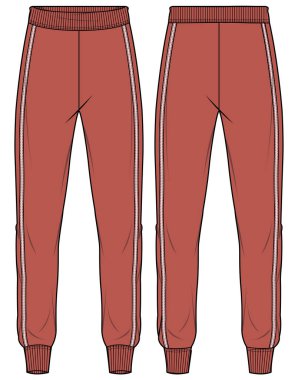 Koşu pisti alt pantolon tasarımı düz çizim vektör illüstrasyonu, ön ve arka görüşlü eşofman pantolonu konsepti, koşu, spor, spor ve etkin pantolon tasarımı..