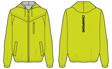 Pull over windbreaker Hoodie jacket design flat sketch Illustration, Hooded utility jacket with front and back view, winter jacket for Men and women. for running, outerwear and workout in winter clipart