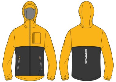 Cagoule Anorak kapüşonlu ceket tasarımı düz çizim çizimi, Yürüyüş Kapüşonlu araç ceketi ön ve arka görüşlü, erkekler ve kadınlar için kışlık ceket. Koşu, dış giyim ve kışın egzersiz için.