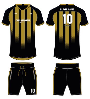 Spor forması tişörtü ve şort takımı tasarımı düz çizim çizimi, çizgili V desenli raglan kollu futbol forması seti konsepti Soccer, Cricket, Voleybol forması