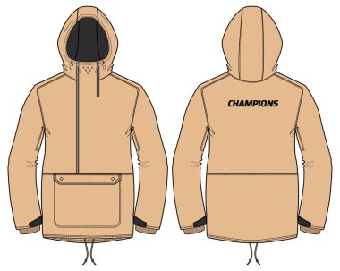 Kapüşonlu ceket tasarımı düz çizim, kapüşonlu anorak kayak ceketi, erkekler ve kadınlar için kapüşonlu kışlık ceket. Kışın antrenman, kayak, koşu ve antrenman için.