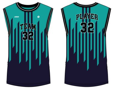 Kolsuz Tank Top basketbol forması düz çizim tasarımı, çizgili spor forması konsepti erkekler ve kadınlar için ön ve arka görüş. Basketbol, voleybol forması, tenis ve badminton