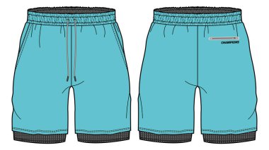 Sıkıştırılmış tayt tasarım vektör şablonu, futbol, badminton ve çalışan aktif giyimli çift katmanlı şortlar için ön ve arka görüşlü basketbol şablonu konsepti, çift katmanlı şablon tasarımı