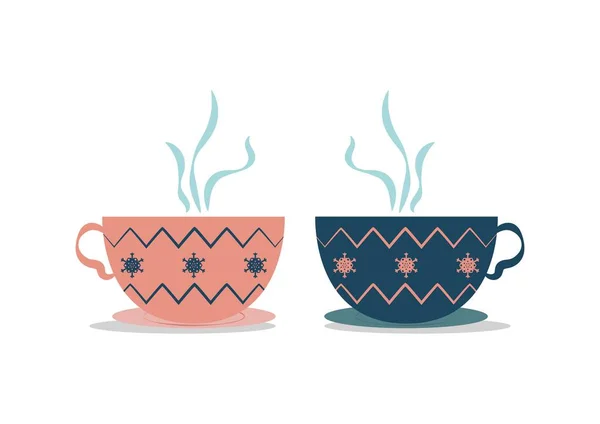 Two Mugs Winter Decoration Isolated White Background Vector Illustration — Stock Vector