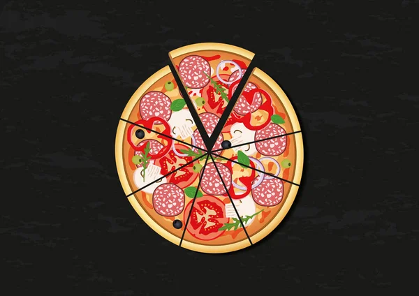 在黑色背景上分离的切片披萨的向量图 — 图库矢量图片