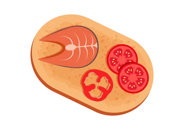 Roti Panggang Dengan Potongan Tomat Pepper Dan Daging Salmon Terisolasi - Stok Vektor