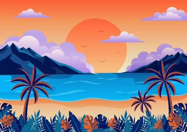 Beach Sunset View Wallpaper Vector Illustration — Stock Vector