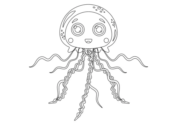 Coloring Page Jellyfish Cartoon Character Vector Illustration Isolated White Background - Stok Vektor