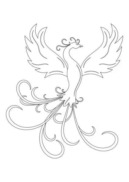 Blanco Negro Phoenix Bird Vector Illustration Inglés Página Para Colorear — Archivo Imágenes Vectoriales