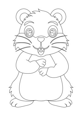 Siyah beyaz hamster çizgi film karakteri çizimi. Çizgi filmin renkli sayfası. Gülümseyen şirin hamster.