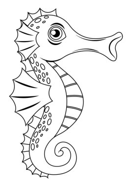 Siyah-beyaz deniz atı çizgi film karakteri vektörü. Çizgi film deniz atının boyama sayfası