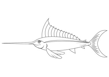 Siyah beyaz kılıç balığı çizgi film karakteri vektörü. Çizgi film kılıçbalığının renkli sayfası