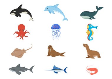 Sualtı dünyası hayvanları kümesi vektör illüstrasyonu