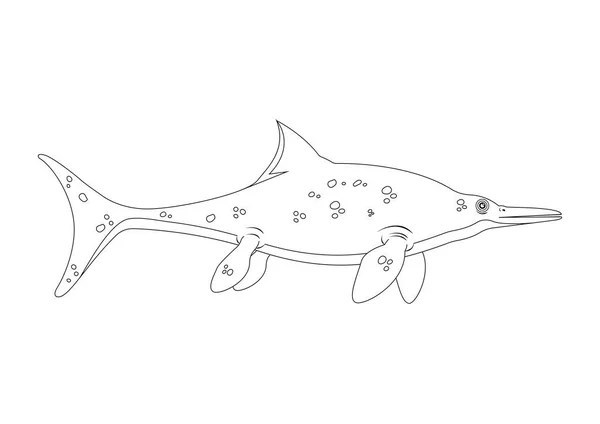 Black White Ichthyosaurus Dinosaur Cartoon Character Vector Desenho Para Colorir — Vetor de Stock