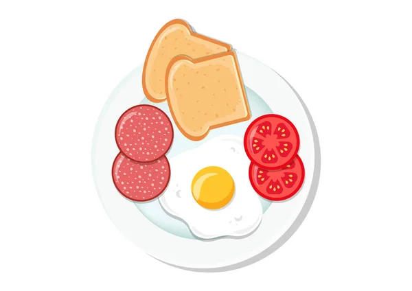 Breakfast Plate Fried Egg Tomato Pepperoni Toasted Bread Vector Flat — Stock Vector