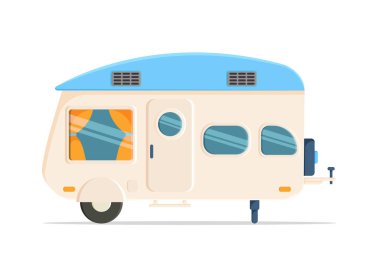 Kamp arabası düz dizaynlı. Seyahat vektörü çizimi için karavan beyaz arkaplanda izole edildi