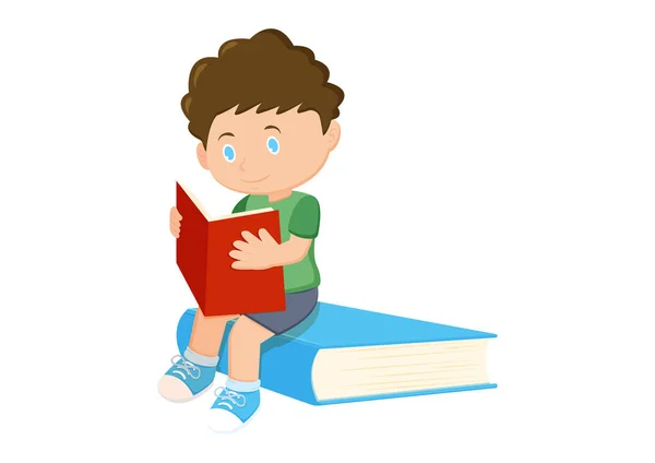Ένα Μικρό Αγόρι Διαβάζει Ένα Βιβλίο Που Κάθεται Ένα Μεγάλο — Διανυσματικό Αρχείο