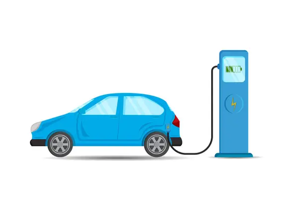 充电站矢量平面设计中的蓝色电动车充电 — 图库矢量图片#