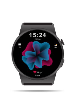 Beyaz zemin üzerinde izole edilmiş vektör düz stil modern tasarım akıllı saat. Yuvarlak ekranlı akıllı saat