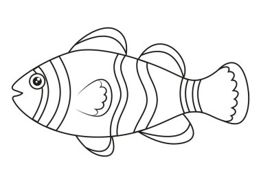 Siyah ve Beyaz Palyaço Palyaço Balık Vektör Düz Tasarımları, Beyaz Arkaplanda izole edilmiş renklendirme sayfaları için ideal