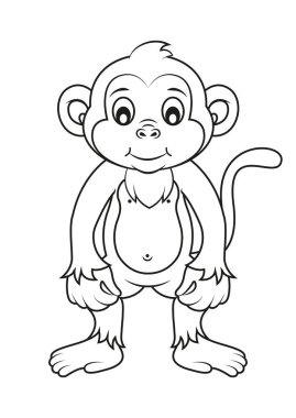 Siyah ve Beyaz Karikatür Maymun Vektör Düz Tasarımları, Renklendirme Sayfaları için ideal, Beyaz Arkaplanda izole edilmiş