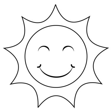 Siyah beyaz gülümseyen güneş. Beyaz arkaplanda izole edilmiş gülümseyen güneş vektörü düz tasarımının renk sayfası
