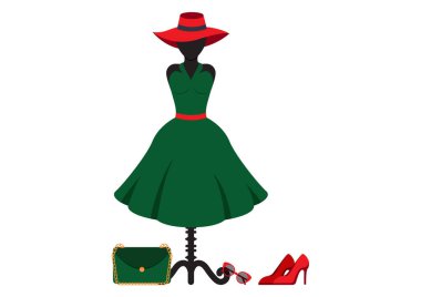 Kadın kıyafetleri ve aksesuarlar. Kadınlar beyaz arka planda izole edilmiş elbise, ayakkabı, çanta, gözlük ve şapka vektörü düz tasarımı