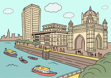 Hindistan ve Taj Mahal 'in Mumbai kapısı, nehir, tekne ve dışarıdaki insanlar.