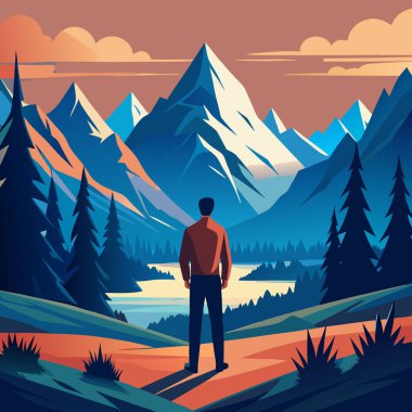 Bir adam bir dağın önünde duruyor. Düz bir tasarımı var.