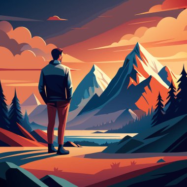 Dağlı bir dağın önünde duran bir adam