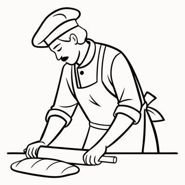 Geleneksel fırıncı kıyafetiyle ekmek yapan siyah beyaz fırıncı.