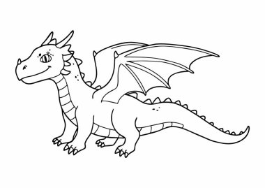 Beyaz arka planda siyah beyaz çizgi film ejderhası.