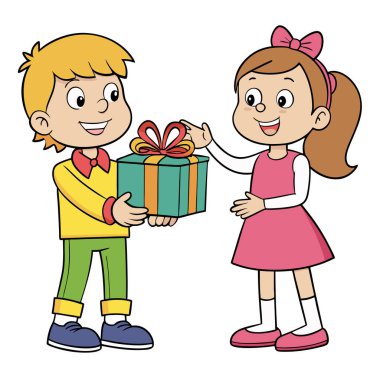 Erkek kardeşi beyaz arka planda kalan kız kardeşine hediye veriyor.