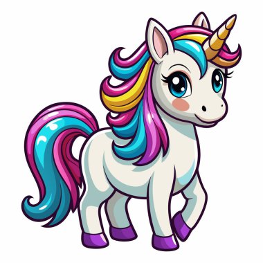 Beyaz arka planda şirin tek boynuzlu at çizgi filmi.