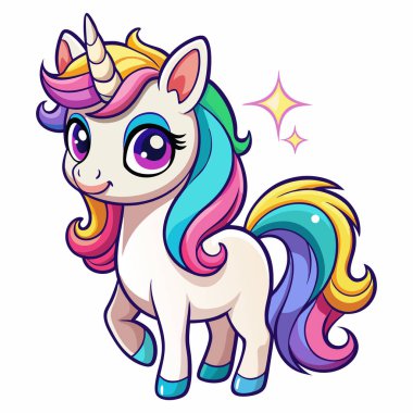 Beyaz arkaplanda çizgi film tek boynuzlu atı düz tasarımı