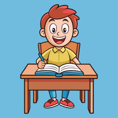 Masasında açık bir kitapla oturan bir öğrencinin mutlu karikatür çizimi