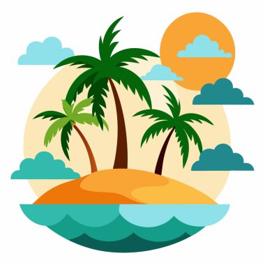 Palmiyeli ada, güneş, beyaz arka planda bulutlar