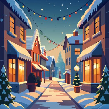 Tatil ışıkları, kar taneleri ve Noel çelenkleri olan karlı bir cadde.