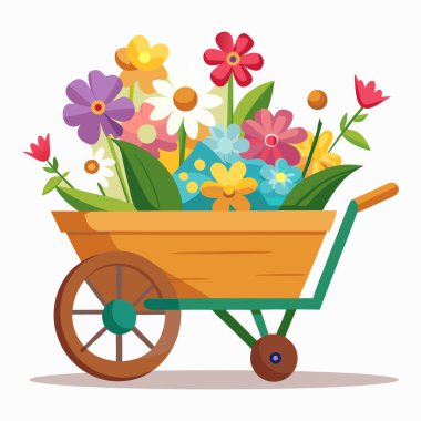 Renkli bahar çiçekleriyle ahşap el arabası
