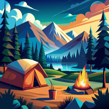 Kamp ateşi ve dağları olan bir kamp çadırının çizgi film çizimi.