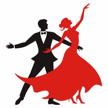 Siyah ve kırmızı balo salonu dansçısı beyaz arka planda çift silueti