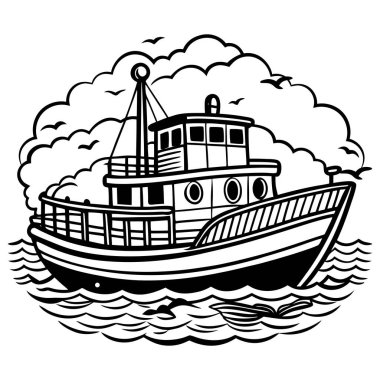 Denizdeki seyahat teknesinin renkli sayfaları, bulutlar, uçan martılar beyaz arka planda izole edilmiş.