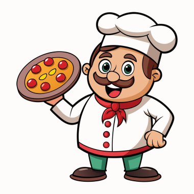 Çizgi film şefi beyaz arka planda izole edilmiş bir pizza tutuyor.