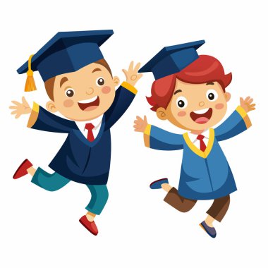 Çizgi film 2 mezunları beyaz arka planda izole edilmiş zıplayan çocuklar.