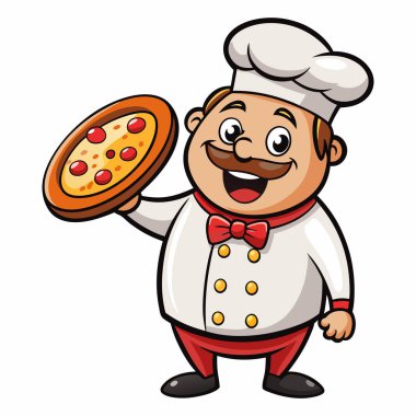 Beyaz arka planda izole edilmiş pizza tutan sevimli çizgi film şefi.