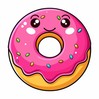 Beyaz arka planda izole edilmiş şirin pembe çizgi film donutu.