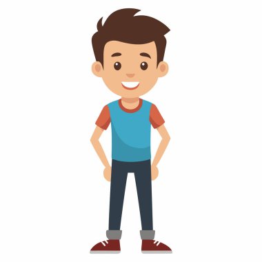 Beyaz arka planda izole edilmiş günlük giysiler içinde genç bir maskot karakteri.
