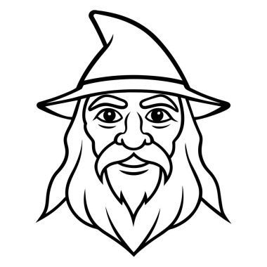 Siyah ve beyaz Büyücü kafası. Beyaz arka planda basit bir maskot.