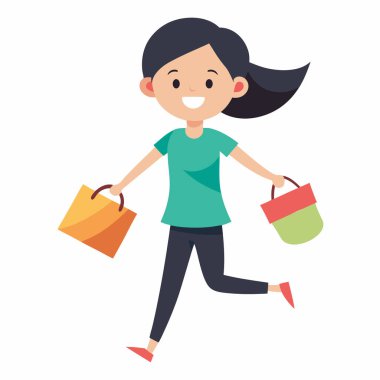  Düz dizayn mutlu genç kız beyaz arka planda alışveriş yapıyor.